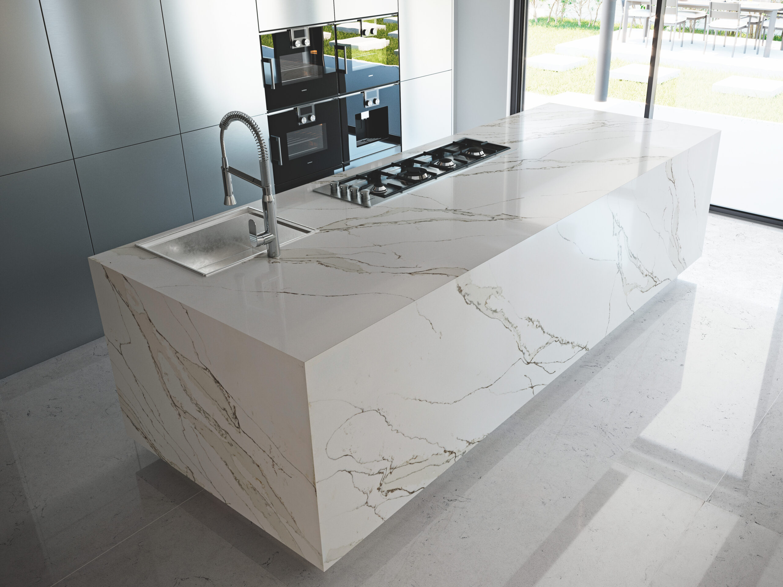 COMPAC© QUARTZ UNIQUE CALACATTA GOLD OBSIDIANA VOLCANO LIGHT kitchen island