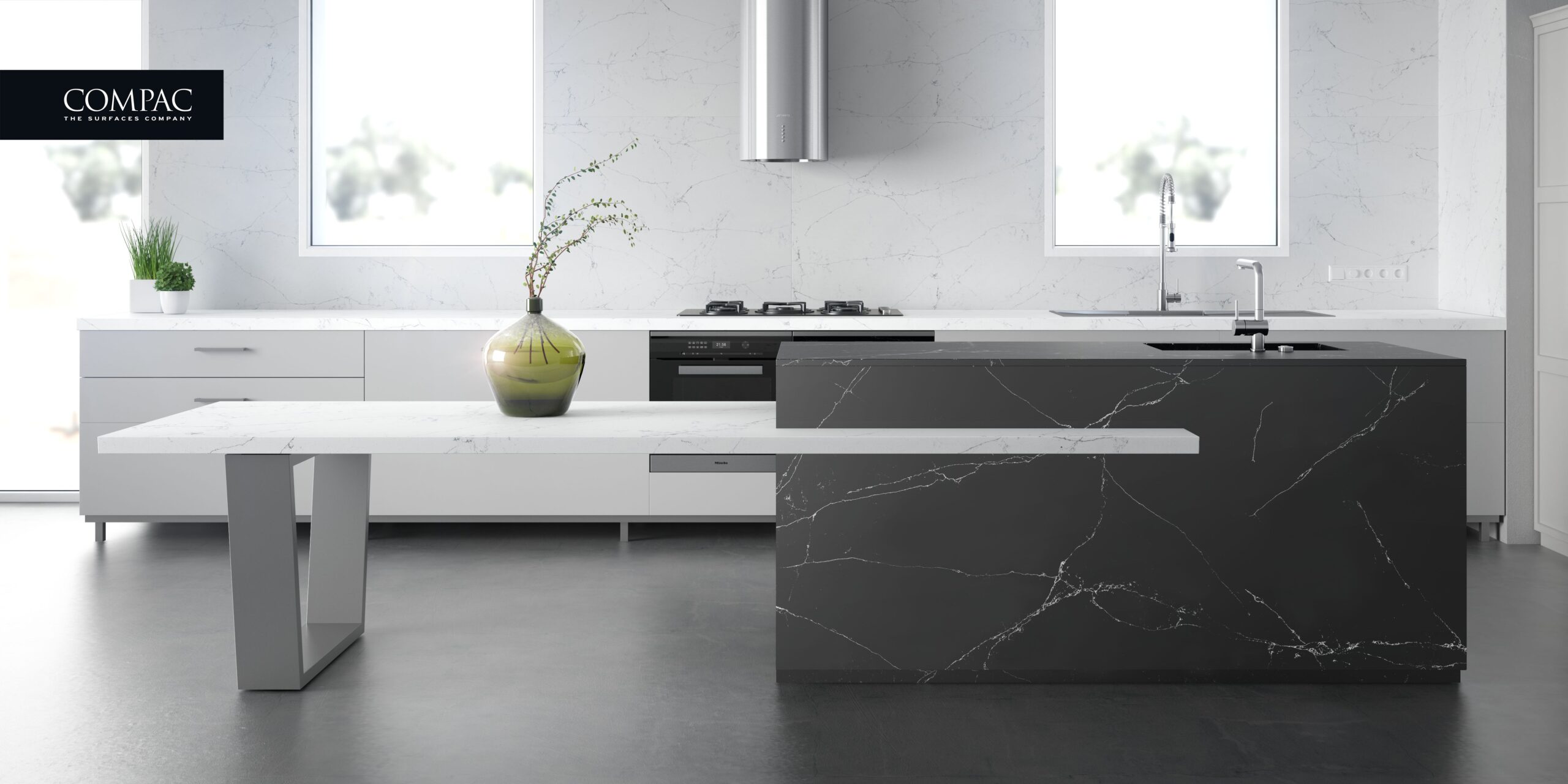 COMPAC© QUARTZ UNIQUE VENATINO – UNIQUE MARQUINA glacé kitchen