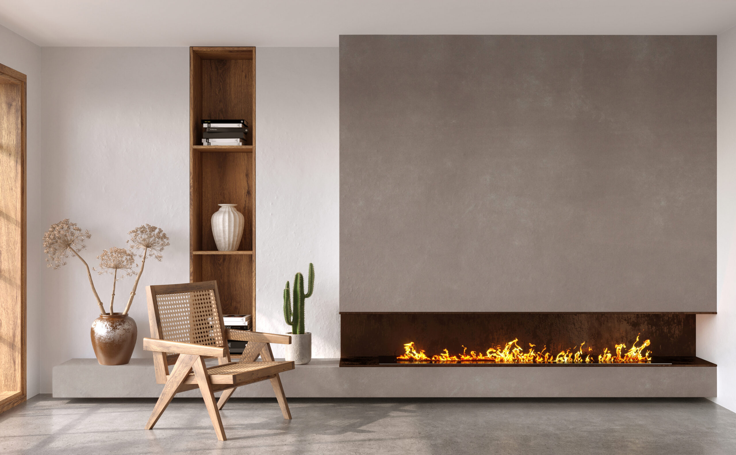 Minimalist,Living,Room,Interior,With,Modern,Fireplace,And,White,Walls.